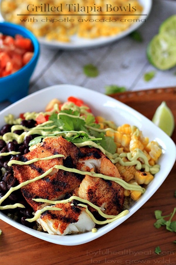 Grilled Tilapia Bowls with Chipotle Avocado Crema | LoveGrowsWild.com