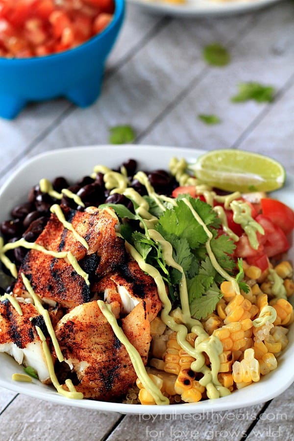 Grilled Tilapia Bowls with Chipotle Avocado Crema | LoveGrowsWild.com