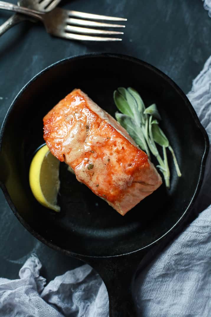 Perfectly Pan Seared Salmon topped with a nutty Brown Butter Sauce with subtle hints of fresh sage and nutmeg for one to die for bite. This Salmon recipe screams fall, takes less than 30 minutes, and is 300 calories! | joyfulhealthyeats.com #glutenfree #paleo