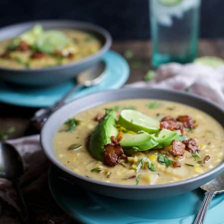 Soup is one of the stars of the fall but this Crock Pot Potato Corn Chowder with Roasted Poblanos is gonna take the cake! It's full of bold flavors, easy to make, gluten free, dairy free, and has BACON! | joyfulhealthyeats.com