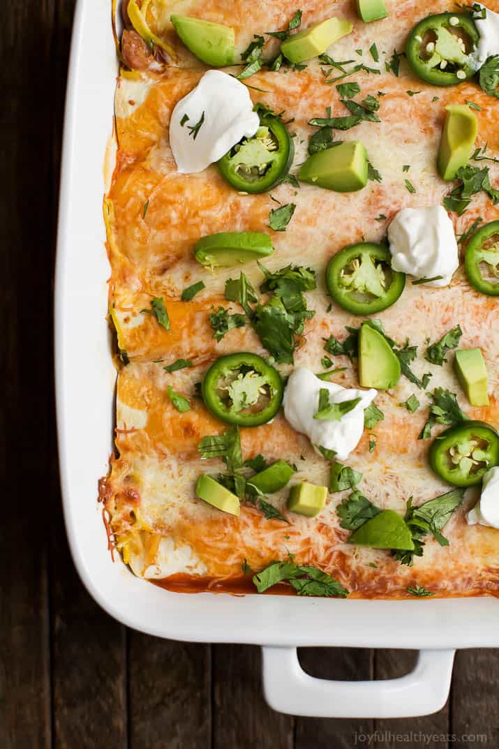 Inspiralized Vegetable Enchiladas are a easy light 30 minute meal. Perfect for your next taco night or quick weeknight dinner! | joyfulhealthyeats.com 