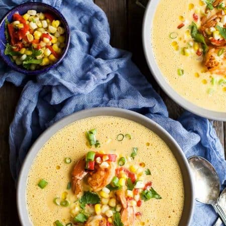 Fall perfection! This Blender Corn Chowder with Pan Seared Shrimp and Corn Relish is healthy, filled with rich flavors, done in 30 minutes and paleo! You're gonna fall in love! | joyfulhealthyeats.com #glutenfree #ad