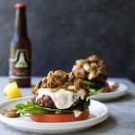 Caramelized Onion & Mushroom Burgers served "bunless" and topped with a creamy Horseradish Aioli. A gluten free burger recipe you'll want all summer long! | grilling recipe