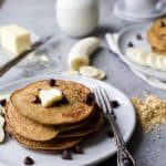 Flourless Peanut Chocolate Chip Pancakes made in the blender and only 290 calories. The perfect breakfast for Saturday mornings! Plus who can resist chocolate and peanut butter! | #ad | gluten free recipes