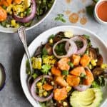 Grilled Buffalo Chicken Salad an easy 30 minute recipe smothered in buffalo sauce and filled with grilled vegetables for one delicious bite! Summer salads never tasted so good! | gluten free recipes
