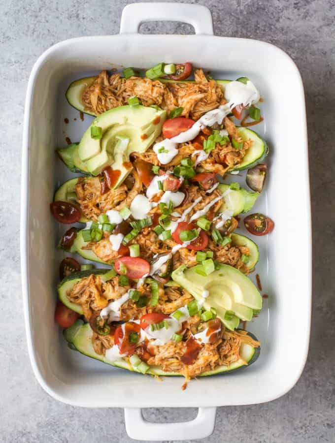 30 Minute BBQ Chicken Zucchini Boats - loaded with flavor, low in calories and high in protein. The perfect easy healthy recipe for a quick weeknight dinner your family will love!