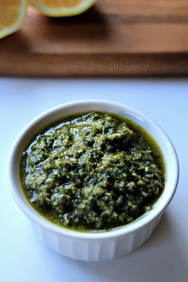 Light, Fresh, and Herby Homemade Basil Pesto. {made in 5 minutes} | www.joyfulhealthyeats.com #sauce 