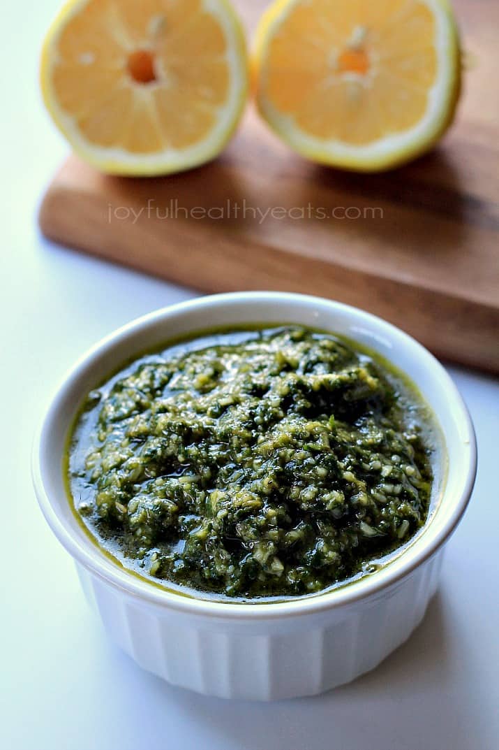 Light, Fresh, and Herby Homemade Basil Pesto. {made in 5 minutes} | www.joyfulhealthyeats.com #sauce