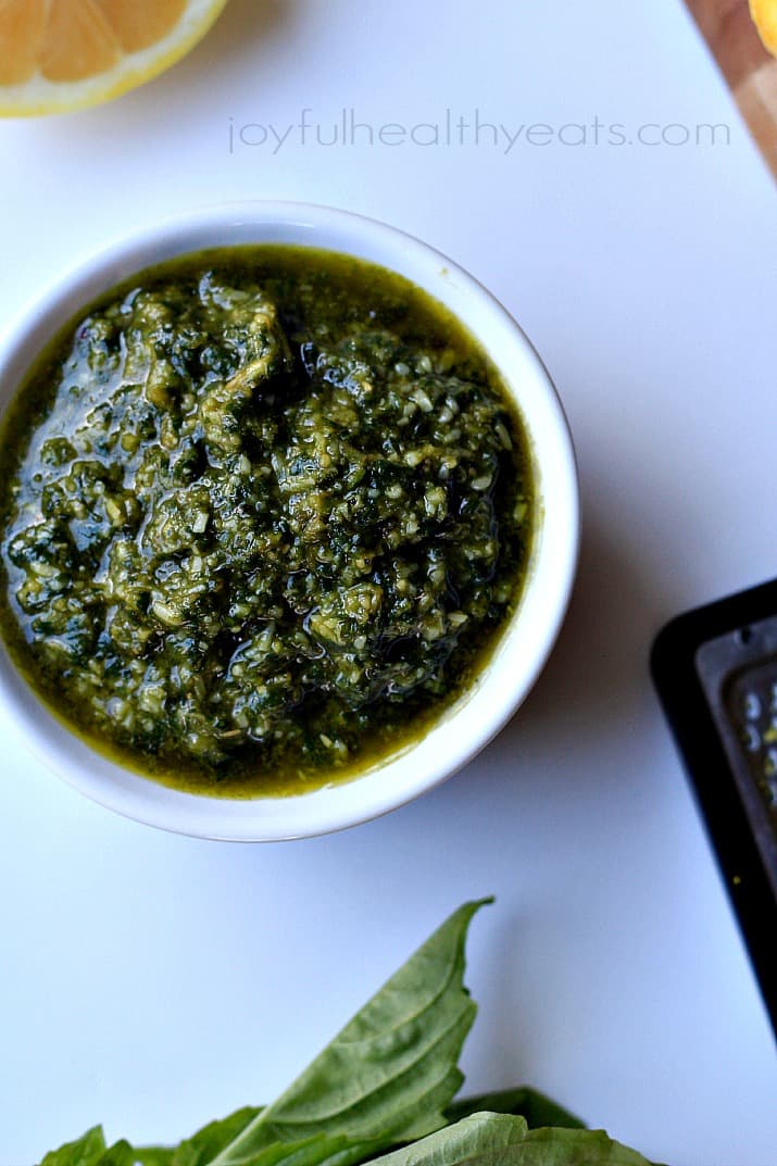 Light, Fresh, and Herby Homemade Basil Pesto. {made in 5 minutes} | www.joyfulhealthyeats.com #sauce Light, Fresh, and Herby Homemade Basil Pesto. {made in 5 minutes} | www.joyfulhealthyeats.com #sauce