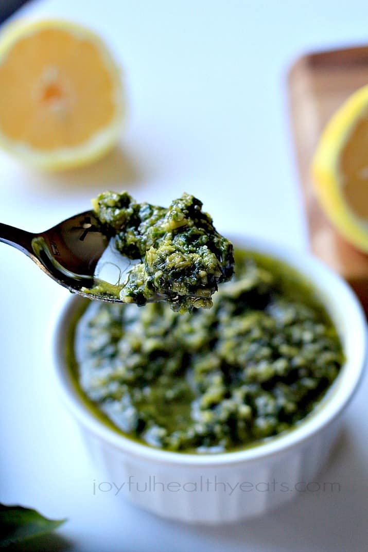 Light, Fresh, and Herby Homemade Basil Pesto. {made in 5 minutes} | www.joyfulhealthyeats.com #sauce 