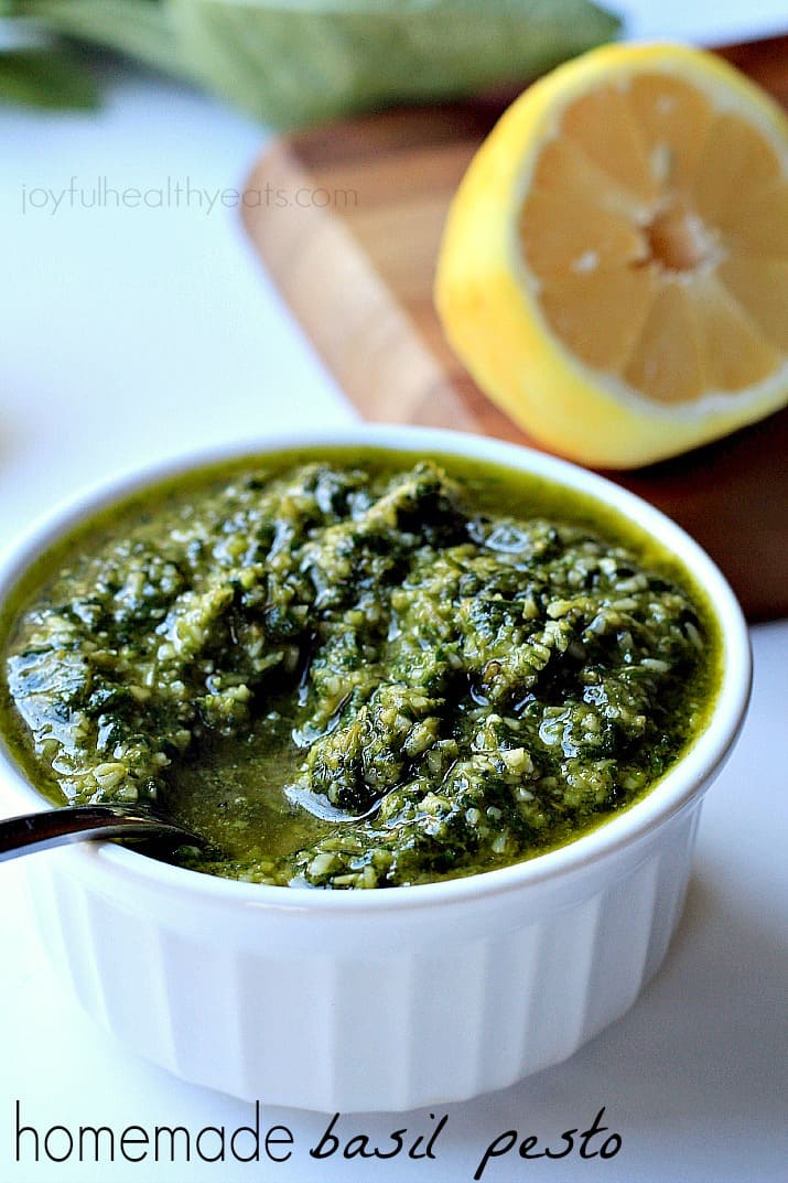 Light, Fresh, and Herby Homemade Basil Pesto. {made in 5 minutes} | www.joyfulhealthyeats.com #sauce 