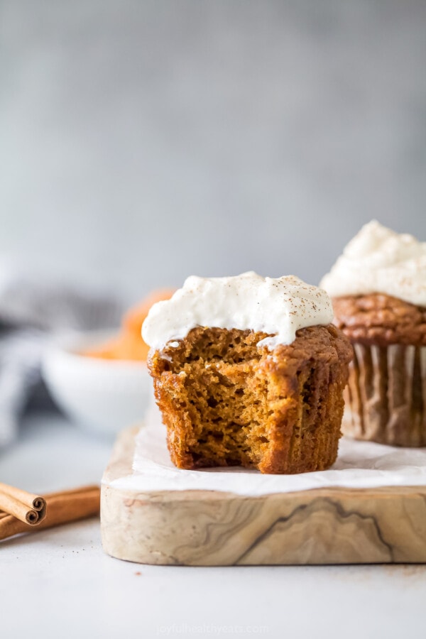 Bitten into pumpkin spice cupcakes.