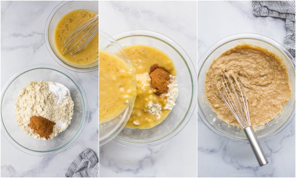 A Collage of Images of the Wet Ingredients and the Dry Ingredients Being Combined