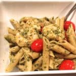 A Bowl of Pesto Pasta with Shrimp and Cherry Tomatoes