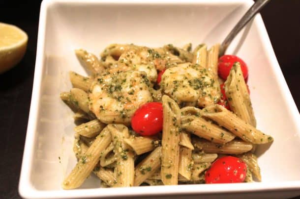 A Bowl of Pesto Pasta with Shrimp and Cherry Tomatoes