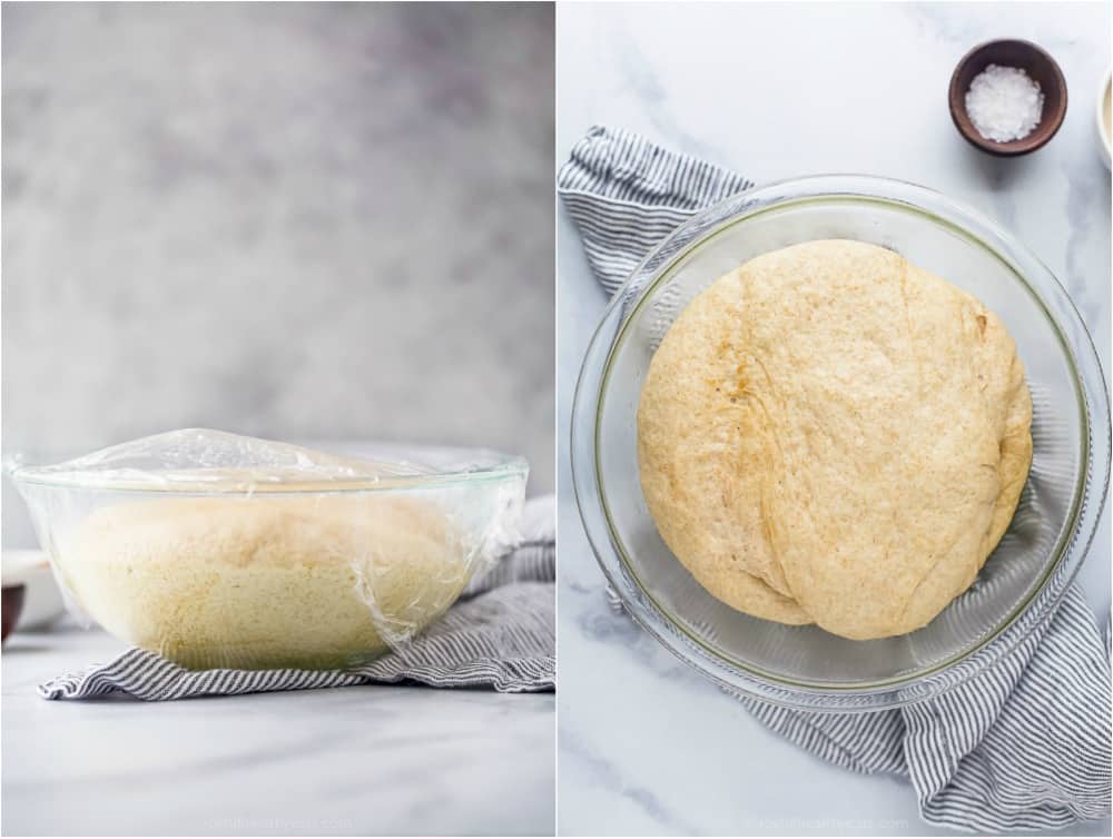 process of whole wheat pizza dough rising in a bowl