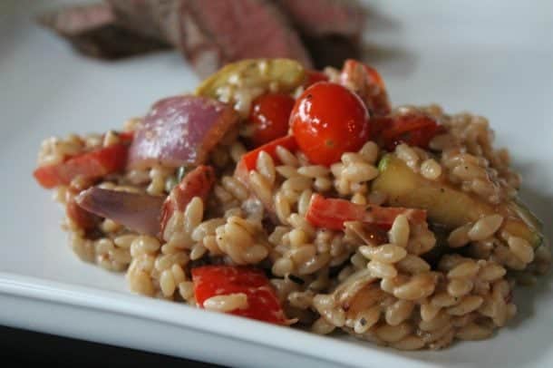 Easy Grilled Vegetable Orzo Salad with Goat Cheese & Balsamic Dressing