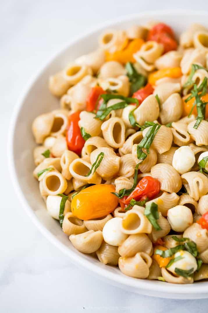 side photo of roasted tomato caprese pasta salad