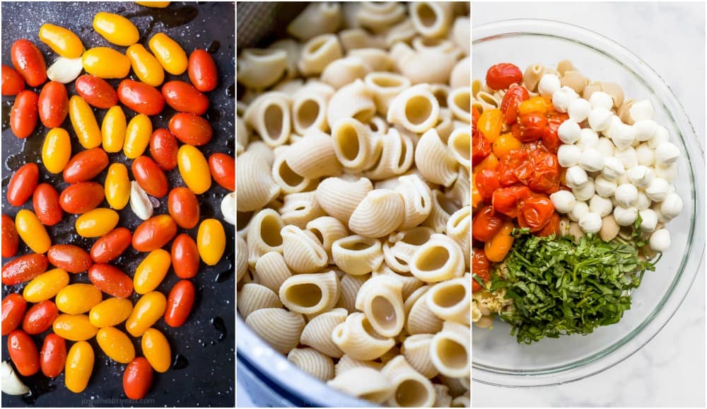 process photos of how to make roasted tomato caprese pasta salad