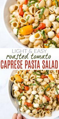 pinterest image for roasted tomato caprese pasta salad recipe