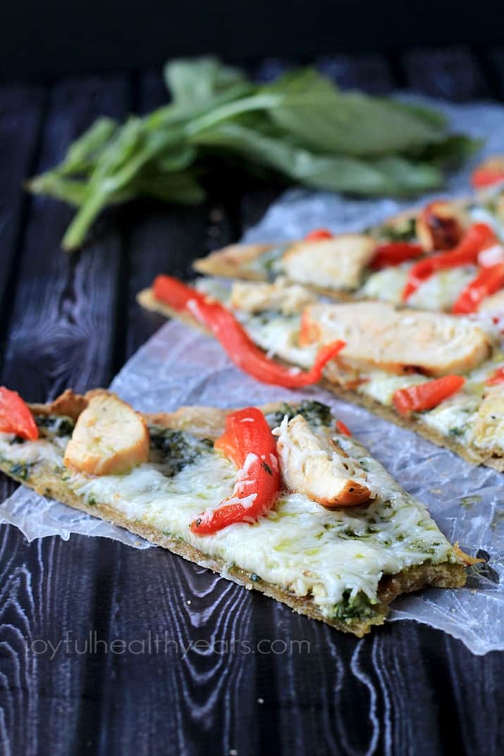 Close-up of slices of Grilled Chicken Pesto Pizza