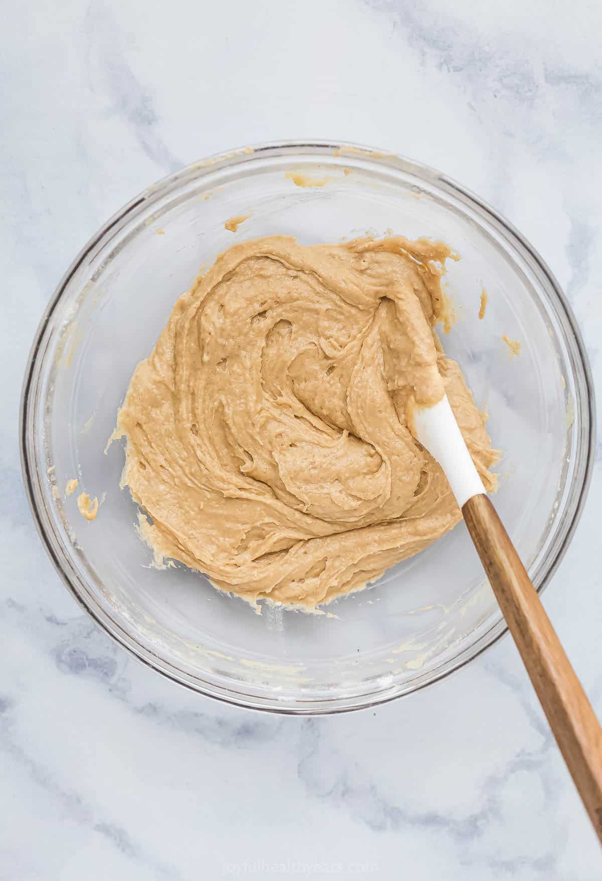 Muffin batter in the bowl. 