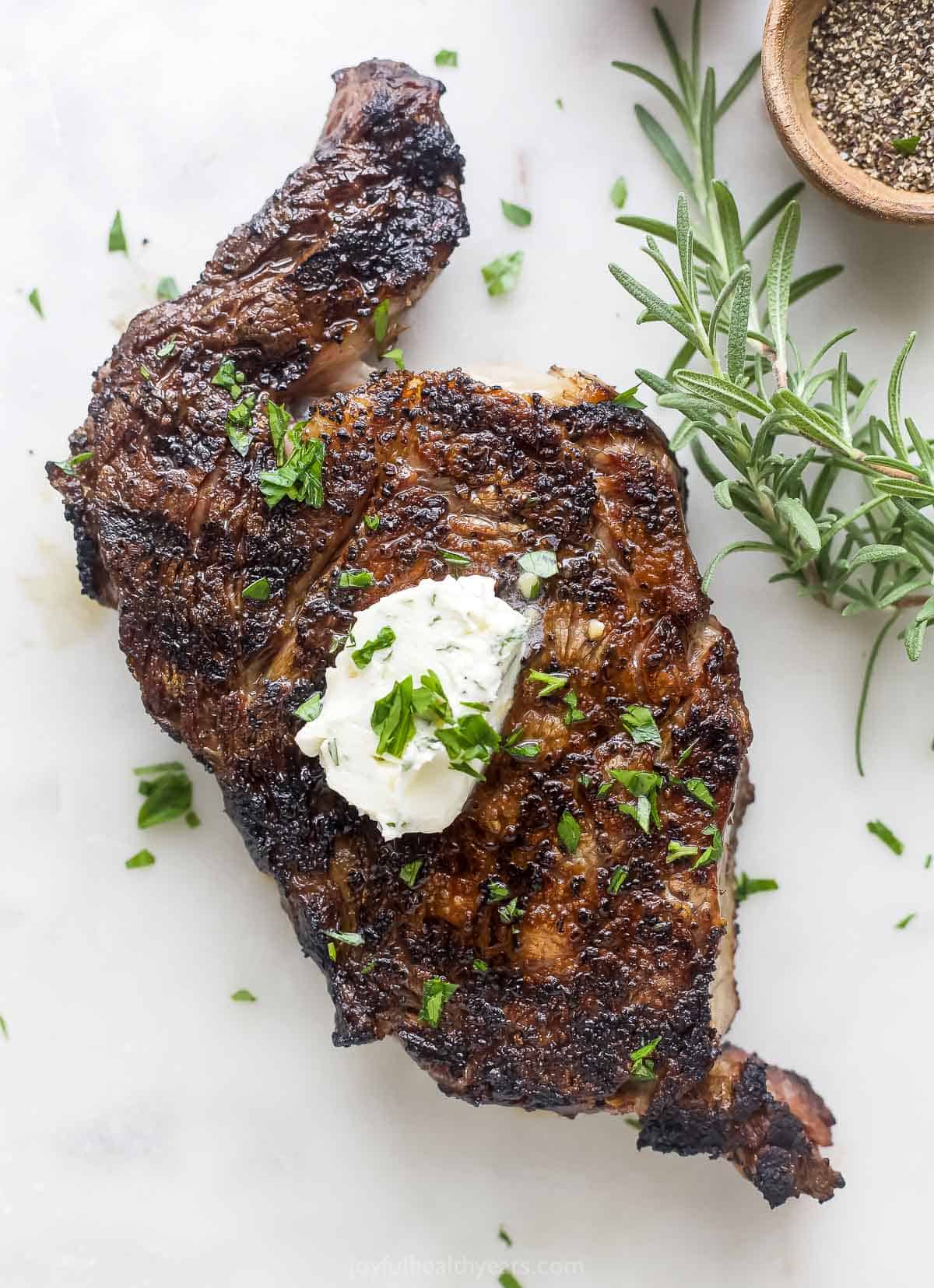 Close-up of grilled ribeye recipe. 