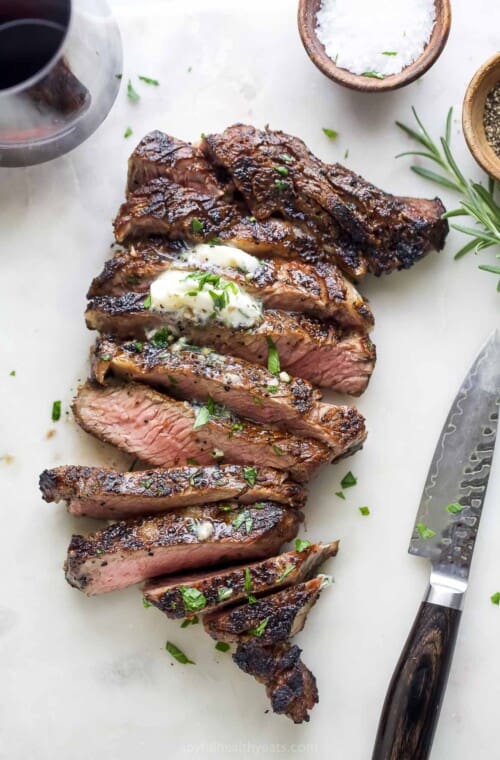 Sliced grilled ribeye.