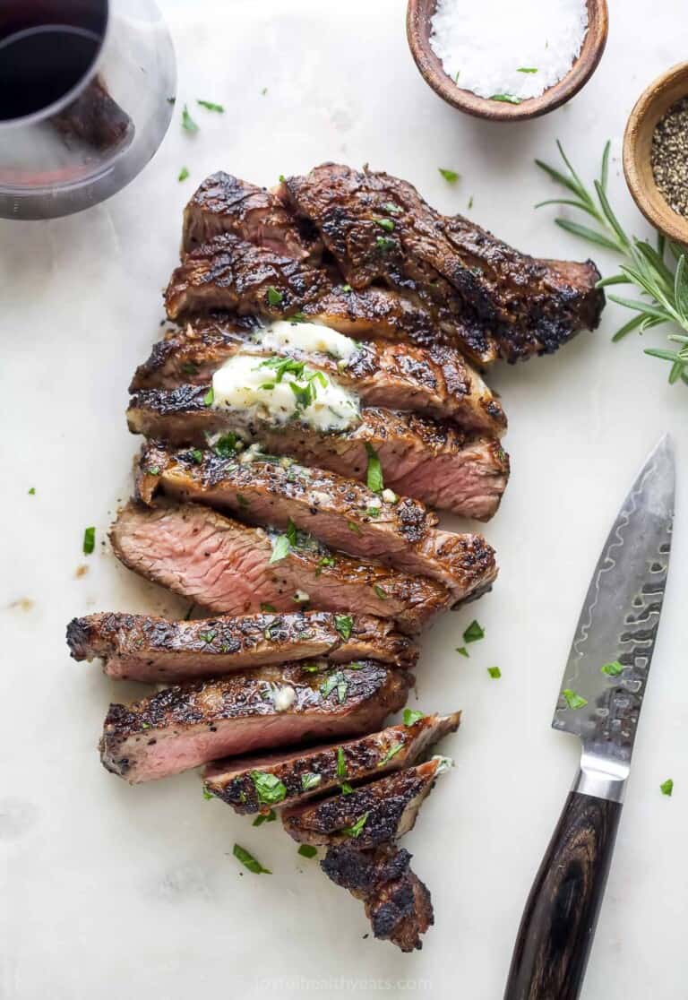 Sliced grilled ribeye.