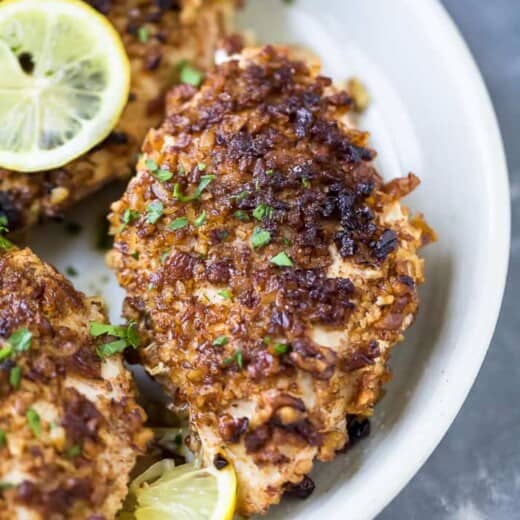 keto pecan crusted chicken recipe on a plate