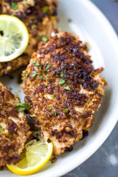 close up photo of keto pecan crusted chicken recipe