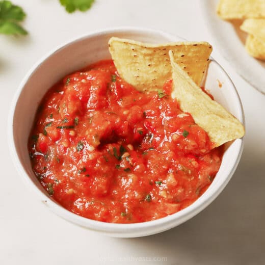 Landscape photo of roasted tomato salsa.