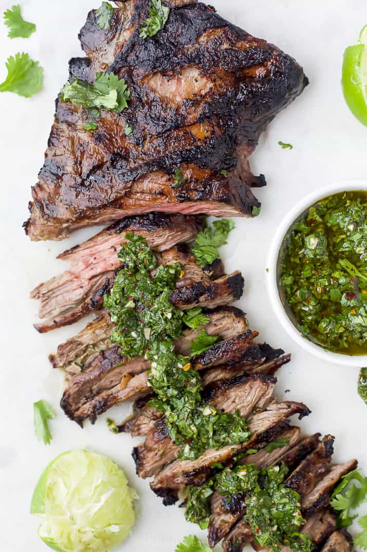 Grilled skirt steak topped with homemade chimichurri sauce