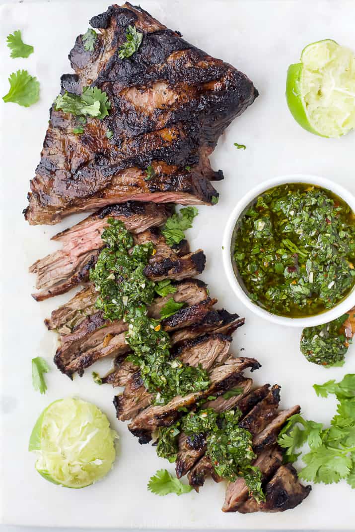 Sliced skirt steak with chimichurri sauce