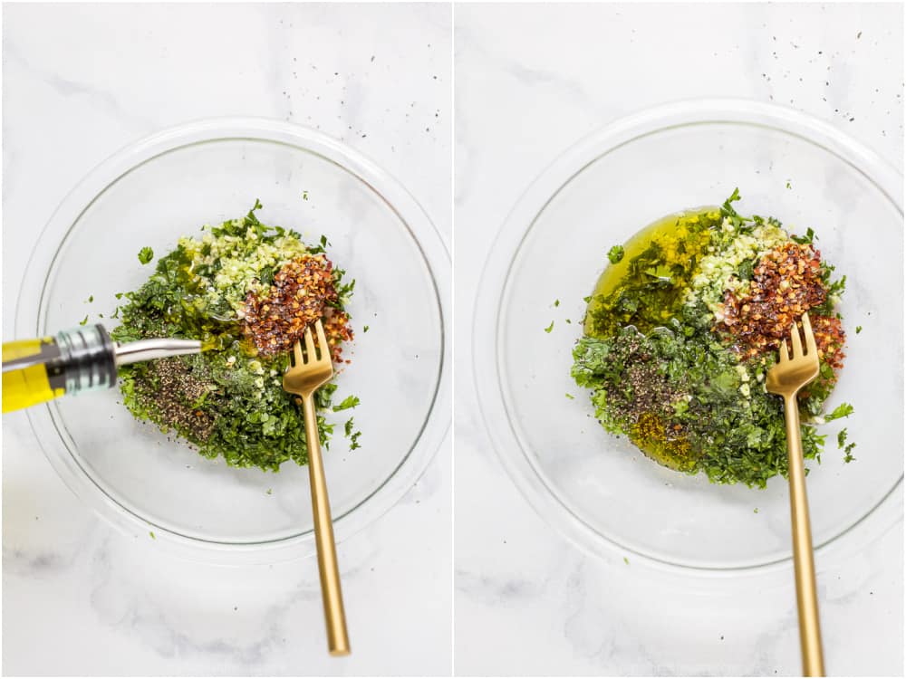 Olive oil being  poured into a bowl with fresh herbs to make chimichurri sauce