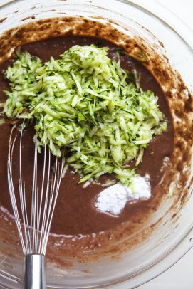 Mix in baking soda, salt, and zucchini into brownie batter.