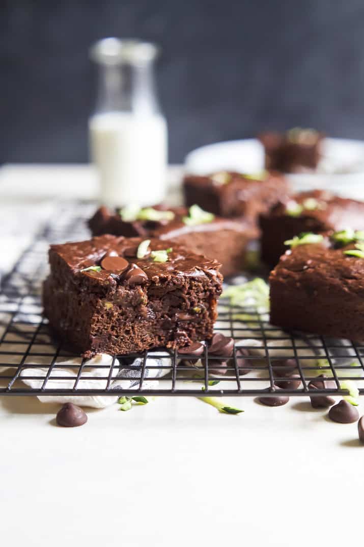 Zucchini Chocolate Chip Brownies that are oil, butter, and egg free AND naturally sweetened! These brownies are extra chocolatey, loaded with zucchini, slightly sweet, and perfectly guilt free - you're gonna love them! | joyfulhealthyeats.com