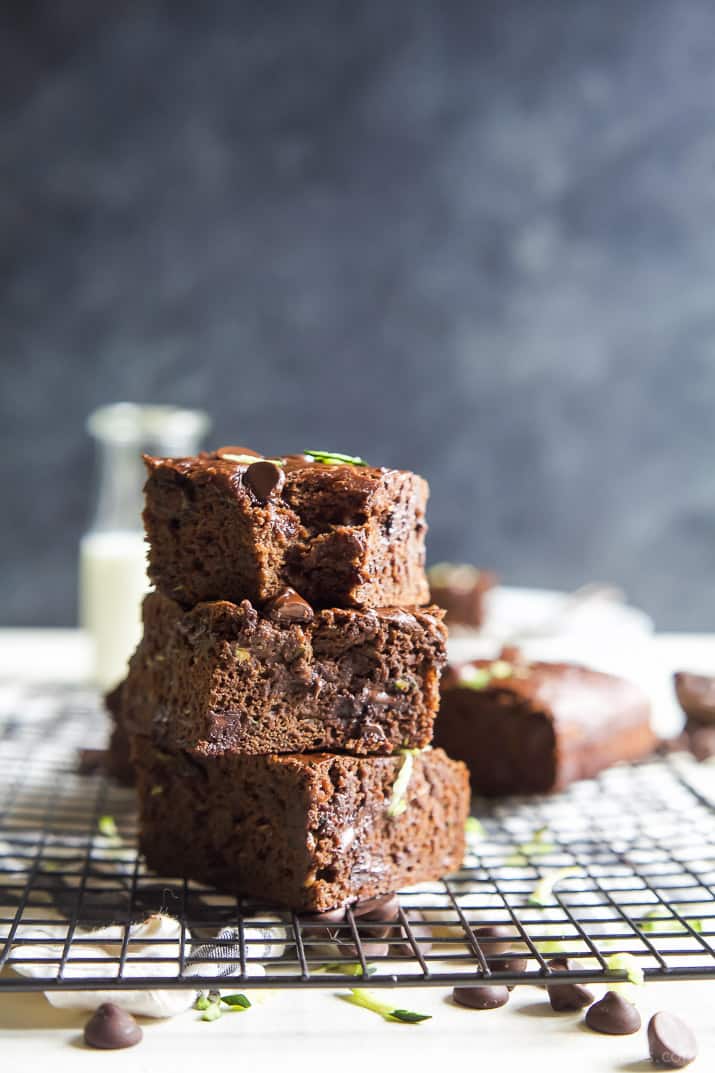 Zucchini Chocolate Chip Brownies that are oil, butter, and egg free AND naturally sweetened! These brownies are extra chocolatey, loaded with zucchini, slightly sweet, and perfectly guilt free - you're gonna love them! | joyfulhealthyeats.com