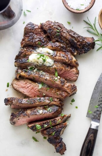 Sliced grilled ribeye.