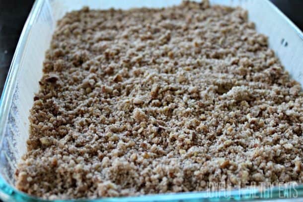 Unbaked coffee cake with crumb topping in a 9x13 pan