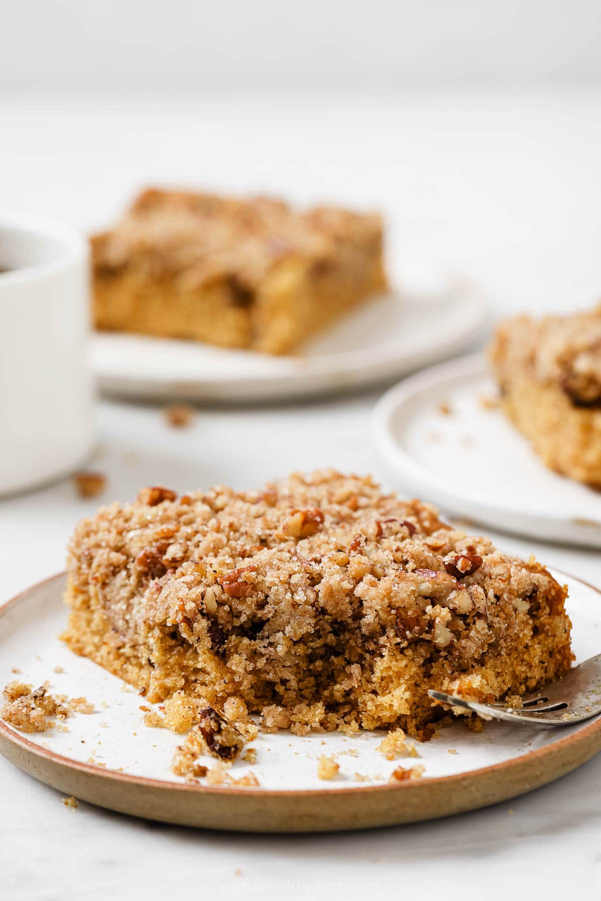Slice of coffee cake with pecan-streusel topping.