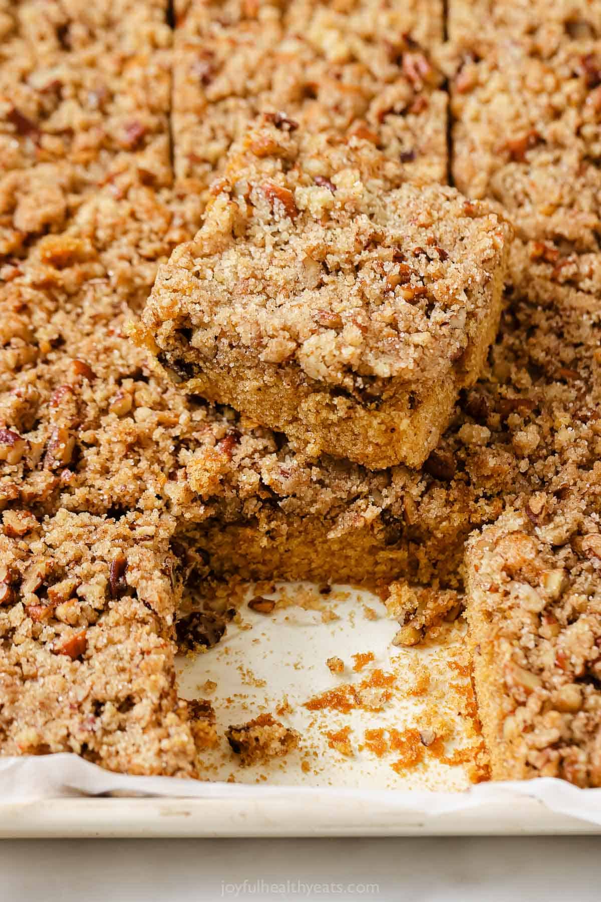 Slice of cake in the baking pan. 