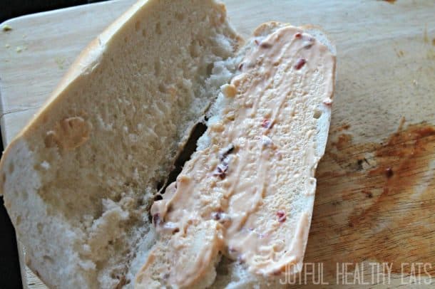 French Bread spread with Chipotle Pepper Mayo
