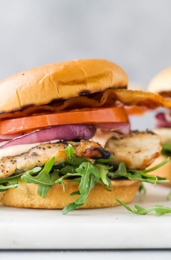 Landscape photo of grilled chicken sandwich.