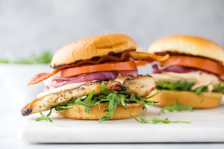 Landscape photo of grilled chicken sandwich.