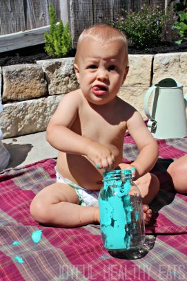 My Son Painting His Mason Jar Teal for Mommy