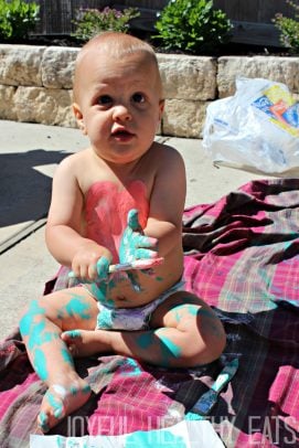 My Son Covered in Blue and Pink Paint