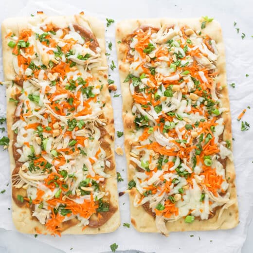 Landscape photo of Thai chicken pizza.