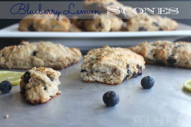 Several Blueberry Lemon scones with recipe title text