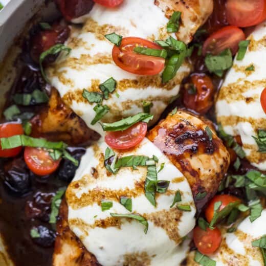 Close-up of chicken caprese.